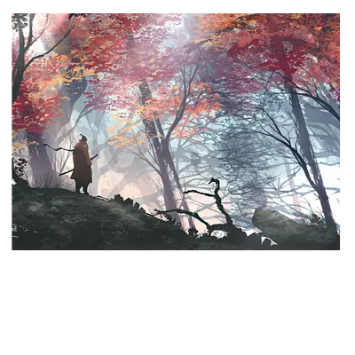 Рисунок самурая в лесу. размер 40 x 30 см. печатайте до 220 слов!