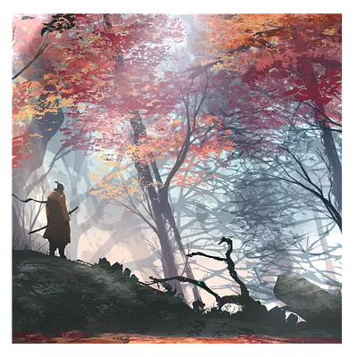 Фото на холсте рисунок самурая в лесу, размера 80x80