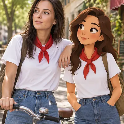 Герои рядом с мультяшкой