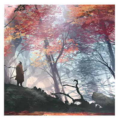 Фото на холсте рисунок самурая в лесу, размера 100x100