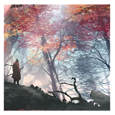 Фото на холсте рисунок самурая в лесу, размера 40x40