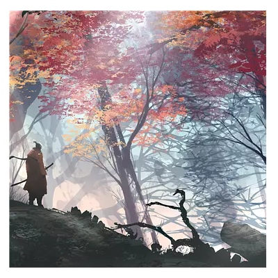 Фото на холсте рисунок самурая в лесу, размера 30x30