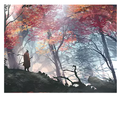 Фото на холсте. рисунок самурая в лесу. размер 50*40. печать фотокниг