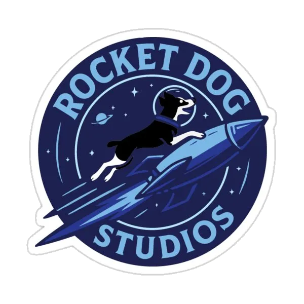 Логотип Rocket Dog Studios: Космическая собака с ракетой, синий