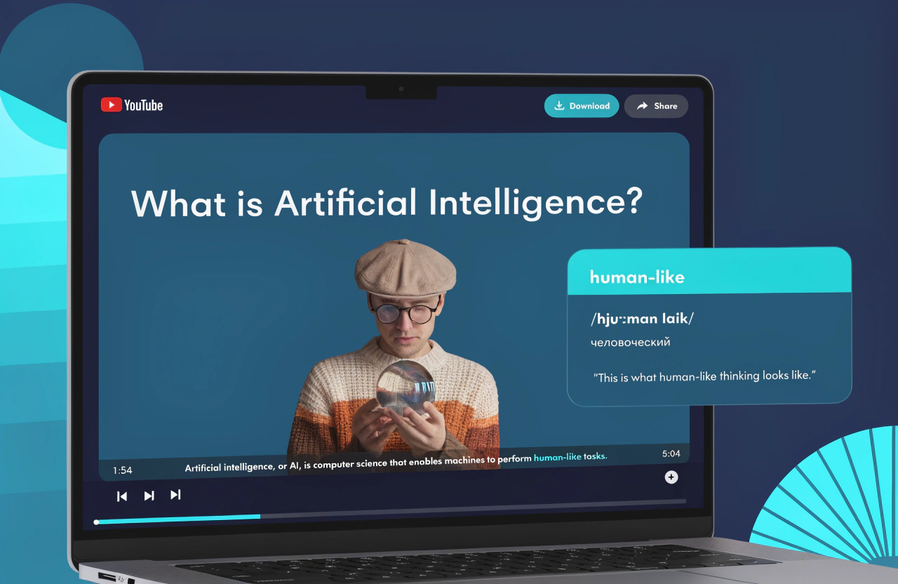 YouTube-видео с подсвеченным словом и карточкой перевода