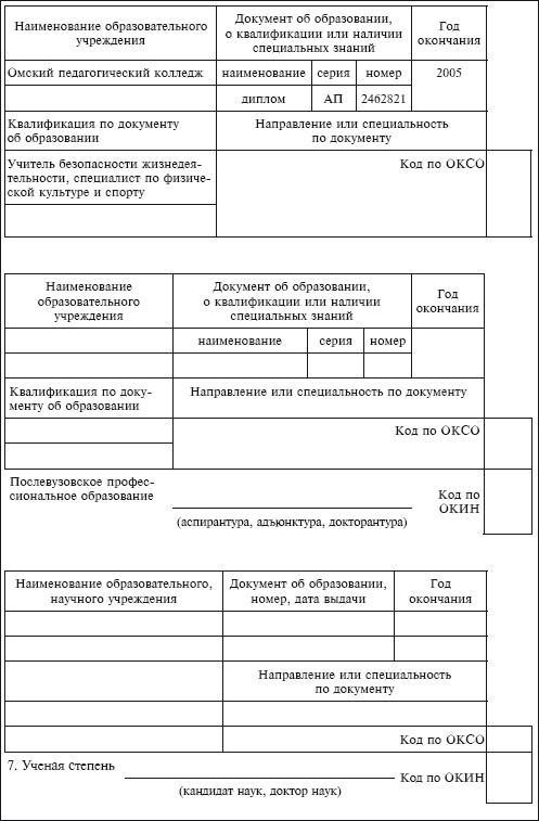 Личная карточка государственного муниципального служащего образец заполнения