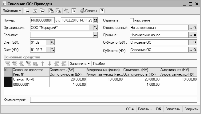 Как оприходовать металлолом от списания основных средств в 1с