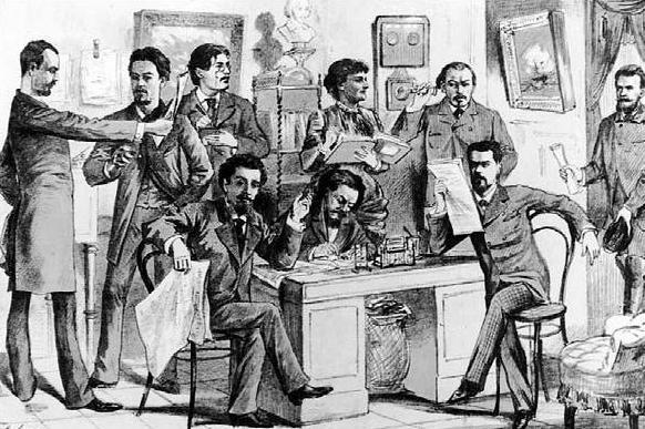 Editorial day at The Wake-up Caller. A drawing printed in the magazine in 1885. The second man from the left is A. P. Chekhov