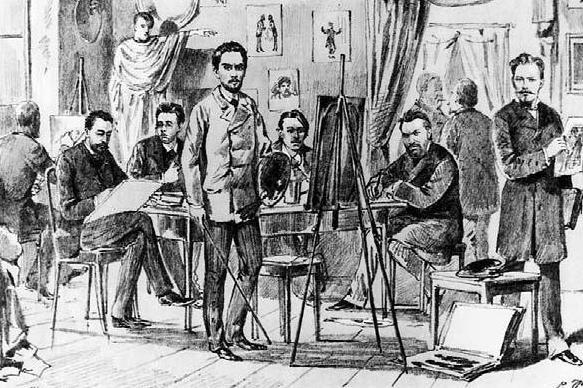 Artist's workshop at The Wake-up Caller. Drawing from one of the issues printed in 1885. Nikolay Pavlovich Chekhov, Anton Pavlovich's older brother, sitting in the centre. Nikolay Chekhov painted a portrait of his brother.