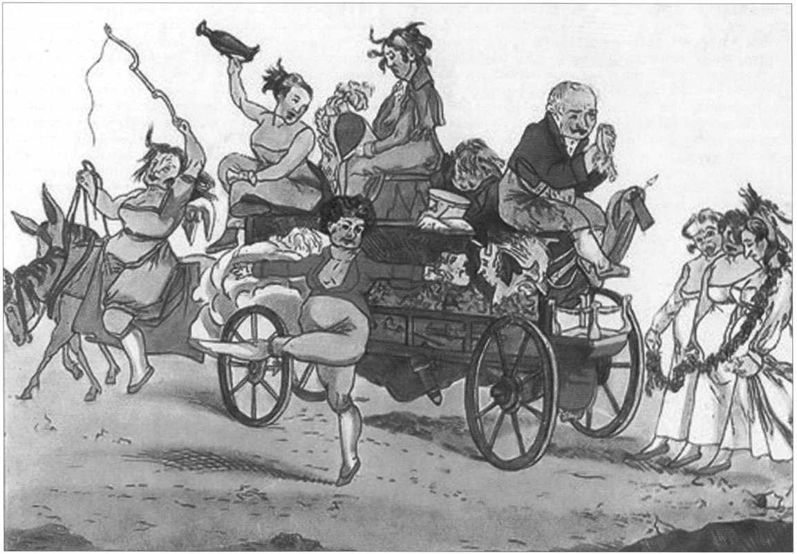 Телега смешное. А Г Венецианов изгнание из Москвы французских актрис карикатура 1812 г. Человек в телеге. Телега карикатура. Повозка с людьми.