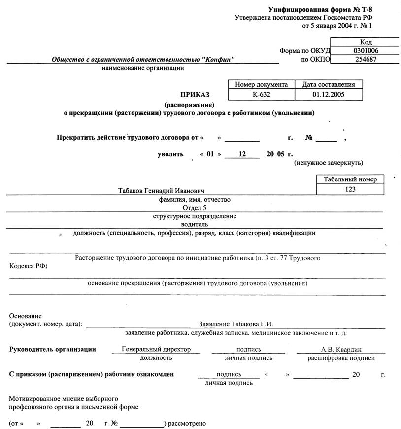 Образец приказ об увольнении совместителя