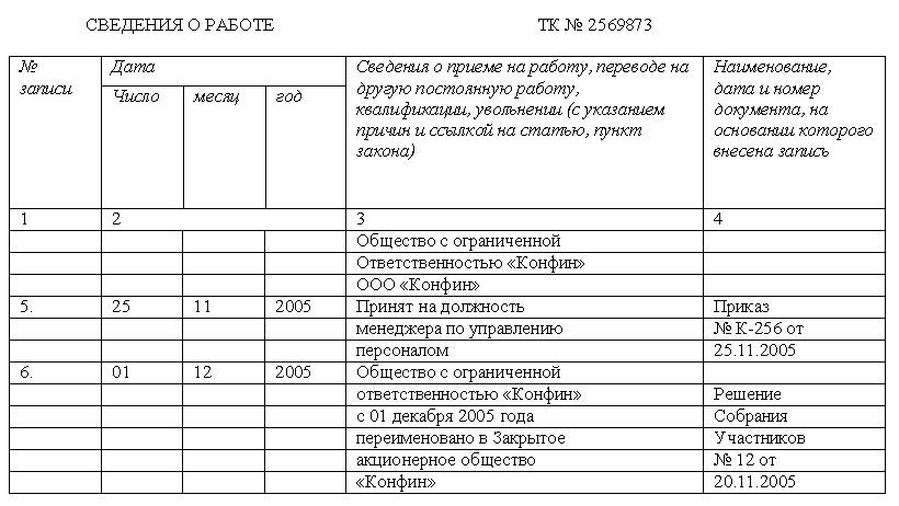 Сведения о работе в трудовой книжке образец