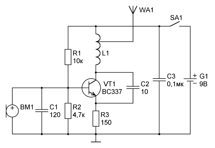 Схема радиопередатчика на 1 транзисторе