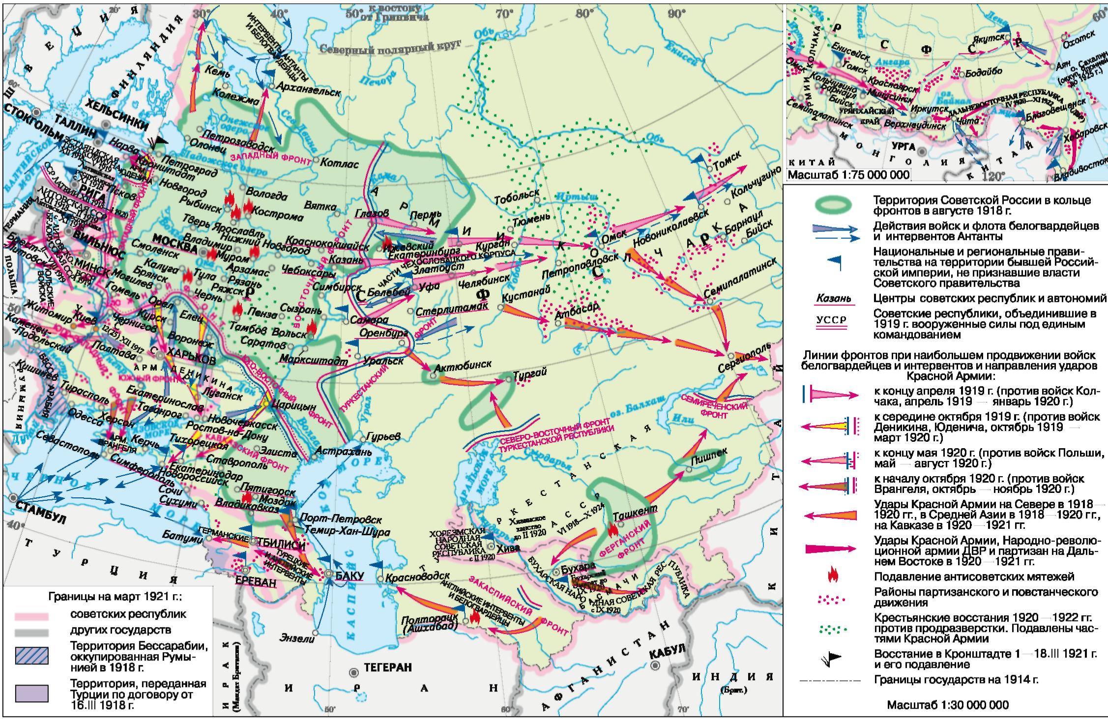 Контурная карта гражданская война и иностранная интервенция в россии 1918 1922 образование ссср