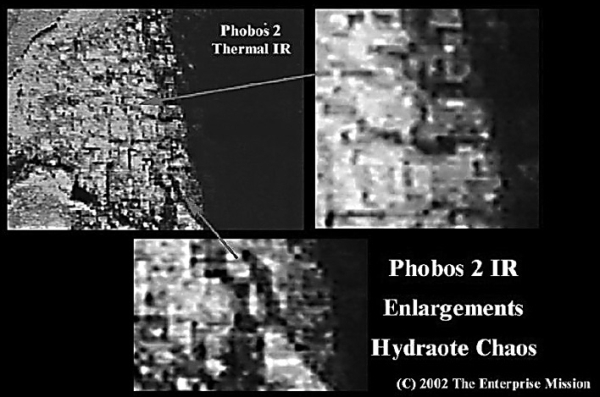 Кадры, сделанные советским зондом «Фобос-2» на Марсе в районе Hydraotes Chaos (0.9°N, 34.3°W). Местность очень похожа на космические съемки города типа Лос-Анджелеса…