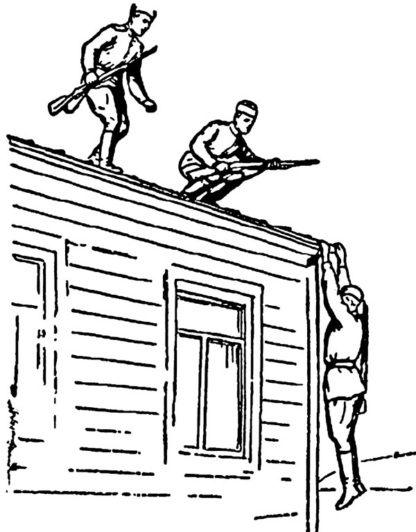 Пособие по выживанию в деревне. Прыжок с крыши. Иллюстрации из книг по выживанию. Разведчик проходящий сквозь стены рисунок. Военные лестницы конь через стены.