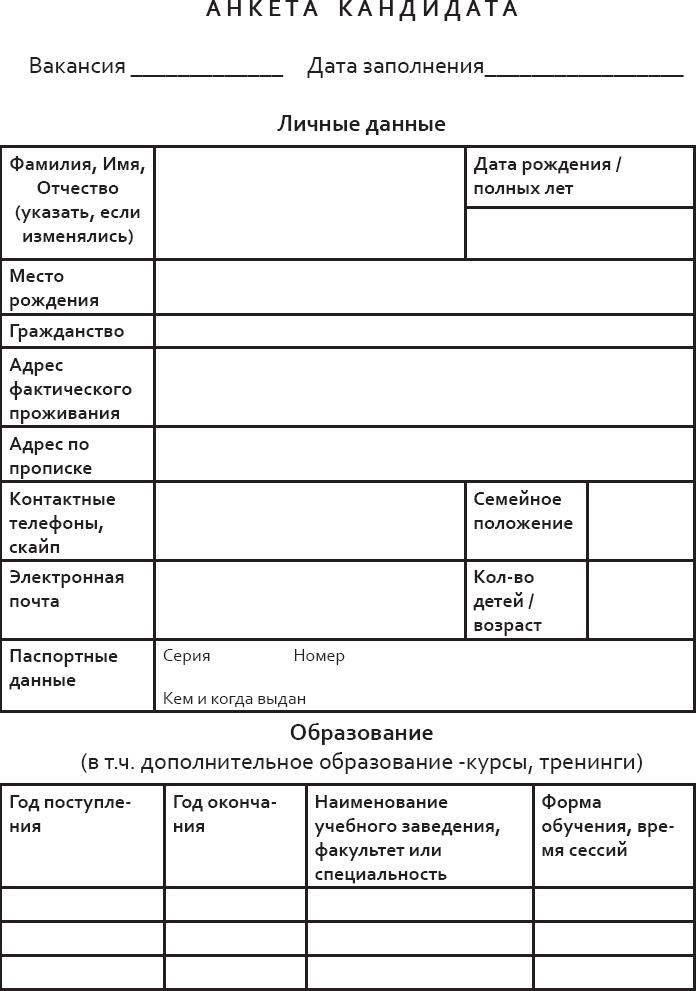 Анкета для сотрудников образец