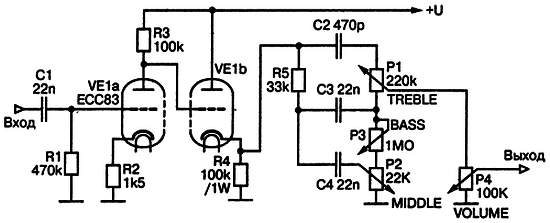 Схема лампового фонокорректора, лампового усилителя, источника питания
