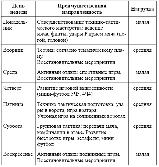 План тренировочных занятий в микроцикле