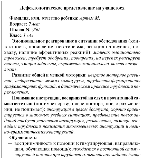 Логопедическое представление на школьника образец готовый 4 класс