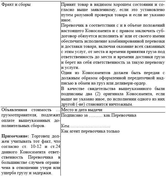 Коносамент образец заполнения на русском языке