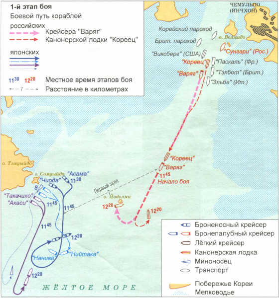 На схеме обозначено место гибели крейсера варяг в результате войны