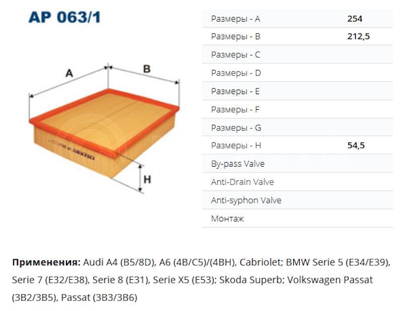 Фильтр воздушный AUDI A4/A6, VW Passat, BMW E38/E39/E53 1.6-4.0 94 от FILTRON, артикул — AP063/1