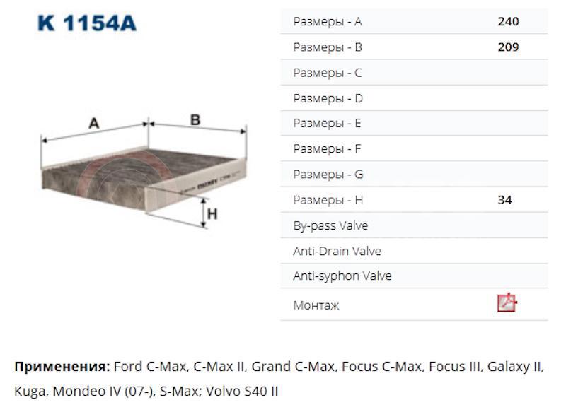 Фильтр салонный угольный FORD Focus/C-Max/S-Max/Kuga/Galaxy/Mondeo 06 от FILTRON, артикул — K1154A