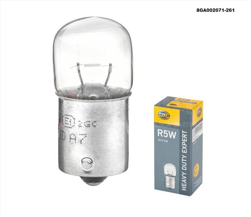 Лампа накаливания Heavy Duty 24V 5W R5W BA15s от Hella, артикул — 8GA002071-261