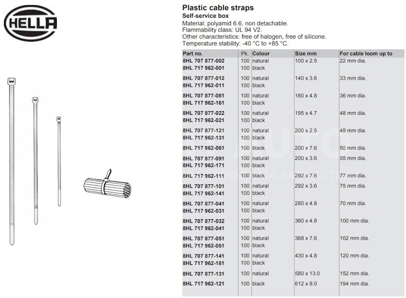 Хомут пластиковый стяжка Длина 375 мм, ширина 7,6 ммчерная от Hella, артикул — 8HL717962-051