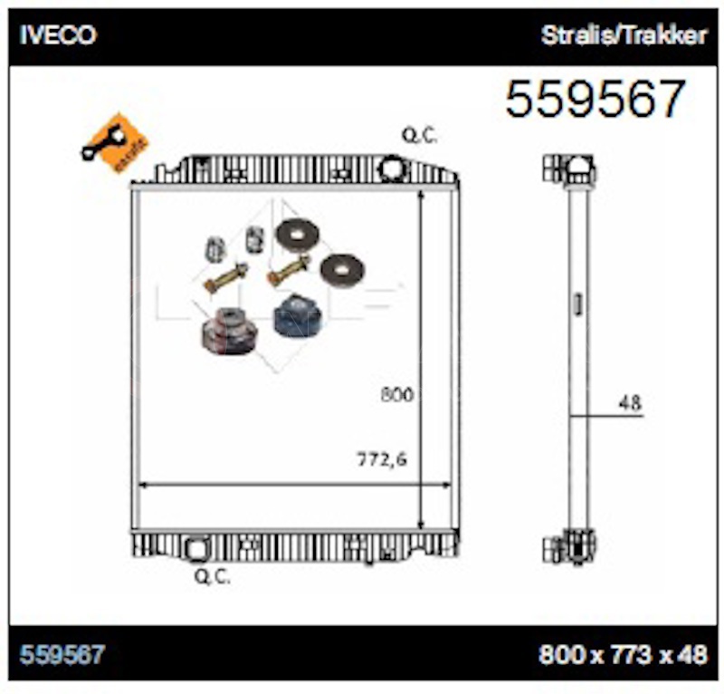 Радиатор 800x773x48 IVECO Stralis/Trakker с комплектом крепления от NRF, артикул — 559567