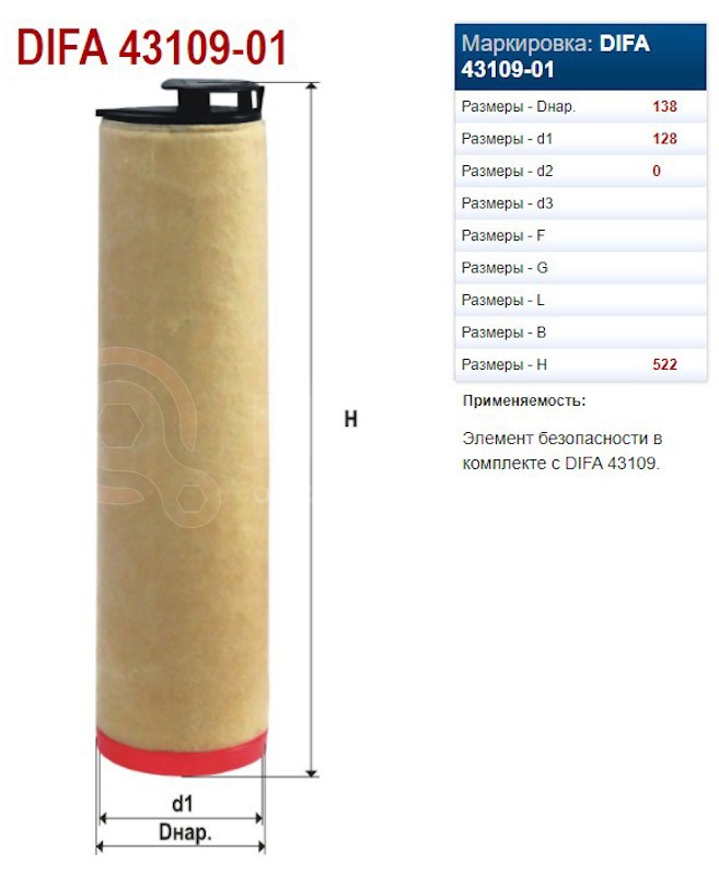 Элемент фильтрующий вставка от ДИФА, артикул — DIFA43109-01