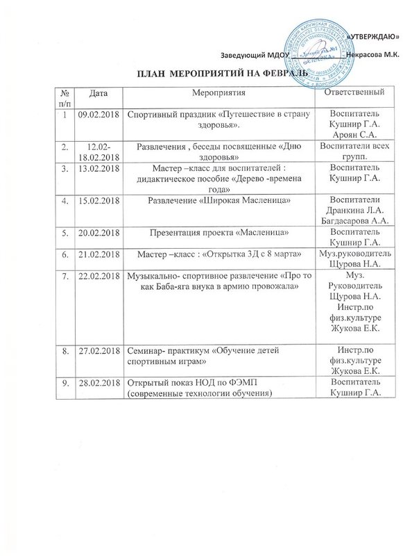 Календарь мероприятий в детском саду на январь План мероприятий ДОУ на февраль / События / Садик / МДОУ "Детский сад № 1 "Сказк