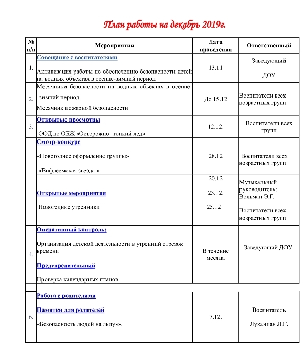 План мероприятий на декабрь 2019 г.