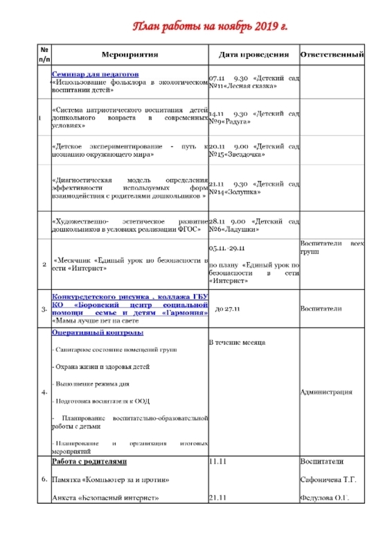 План работы на ноябрь 2019 г.