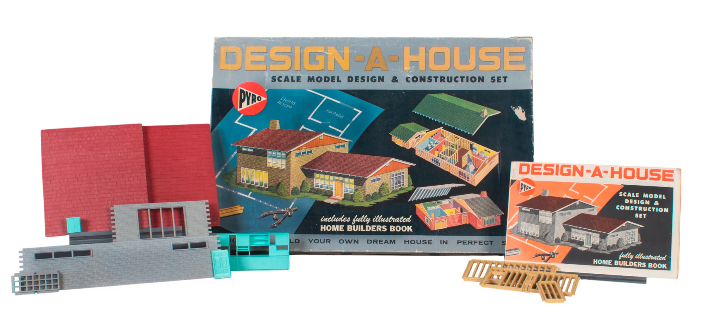 Коробка конструктора «Design-A-House» с изображениями домов, деталями и книгой строителя. Винтажная творческая игрушка с ностальгией.