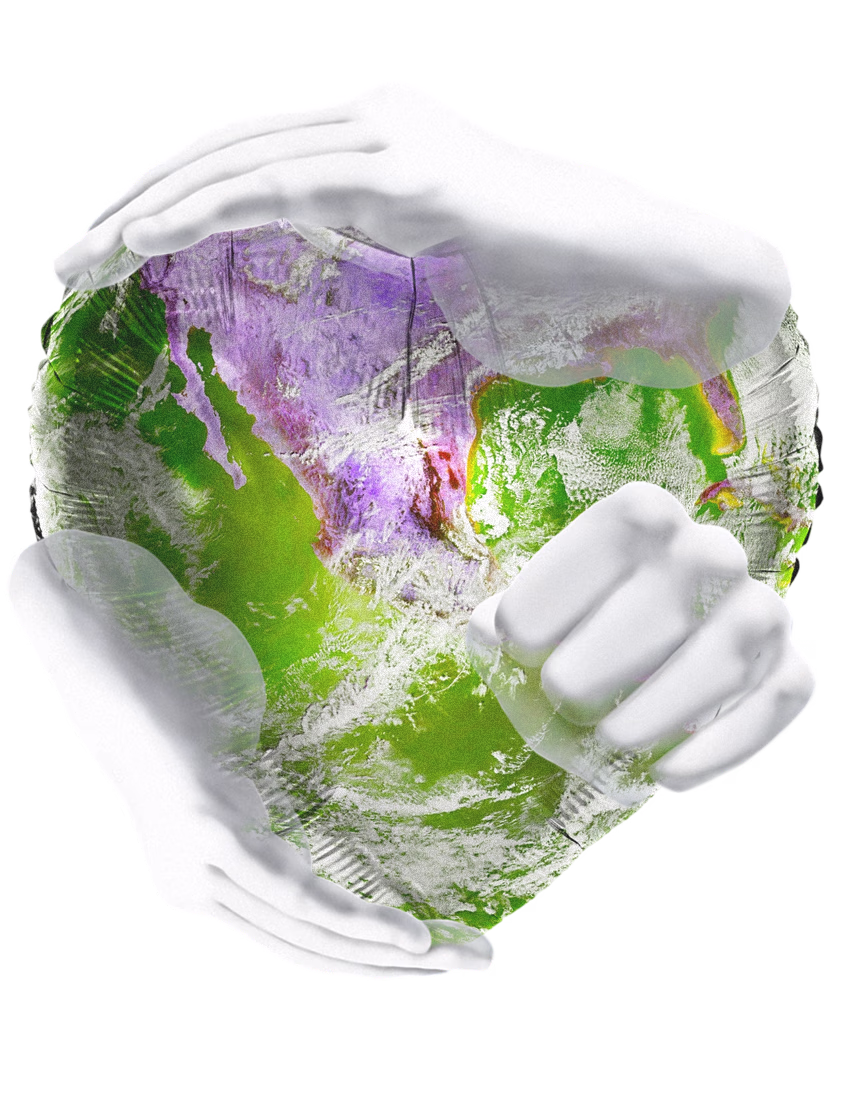 Превью интерактивного эксперимента «Управление картой жестами»: три белые руки обнимают планету Земля в форме сердца.