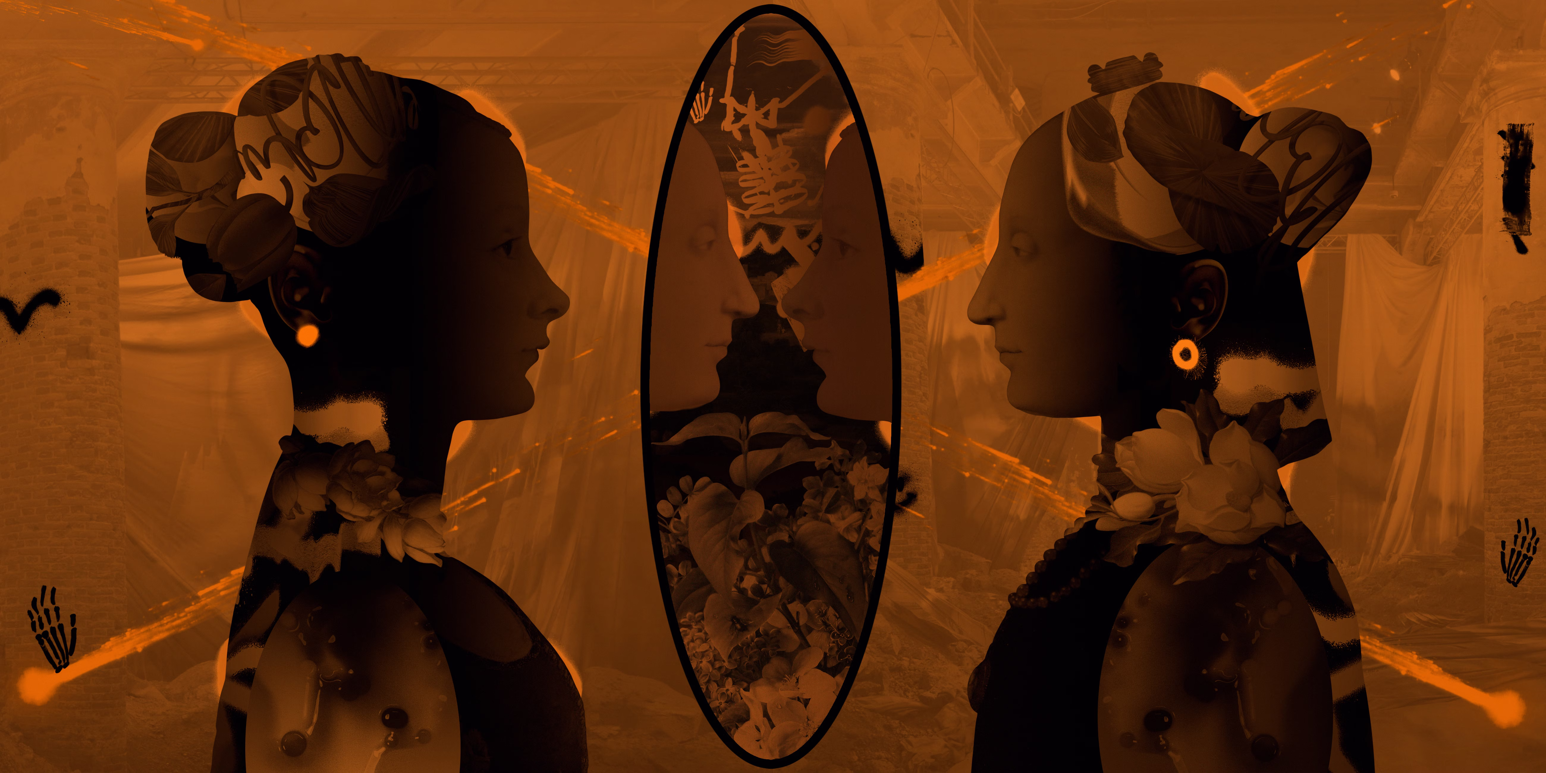 Девушка в детализированном, симметричном жакете стоит перед окном. Яркие красные цветы и листья создают живую, замысловатую рамку вокруг сцены. Недалеко от окна, две черные змеи с изящными розовыми бантами замерли в любопытных позах, наблюдая за происходящим.