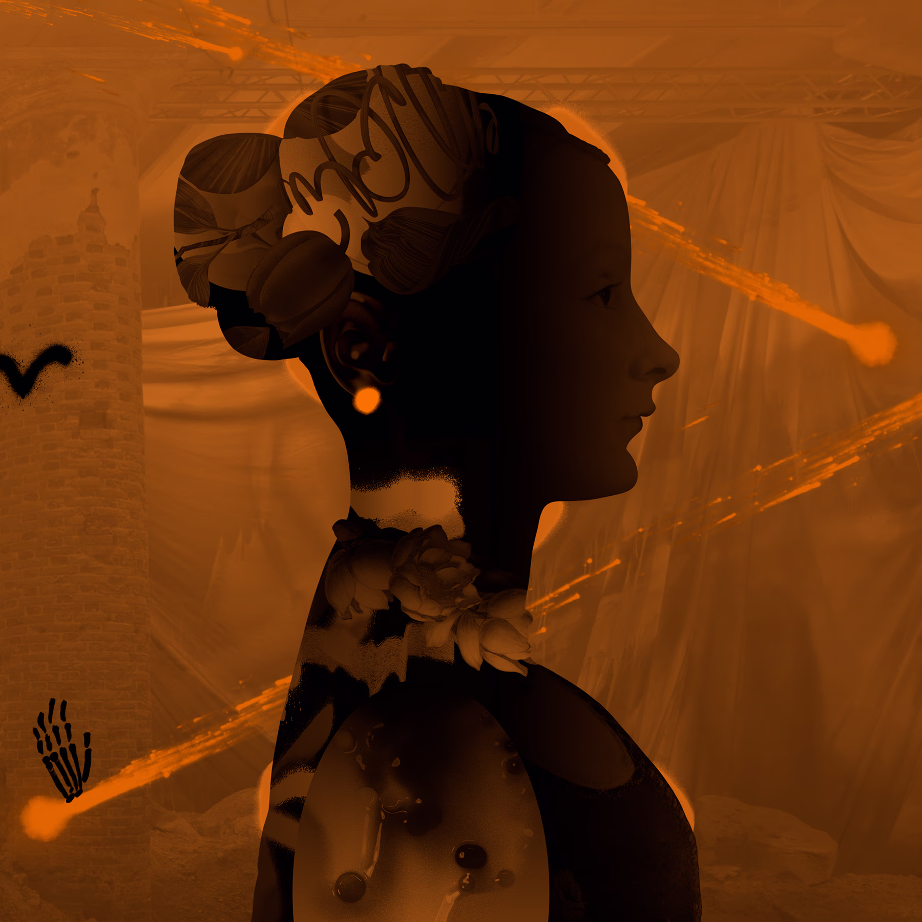 На оранжевом фоне — профиль человека с абстрактной прической и цветочным воротником. Сюрреалистичную сцену дополняют костяная рука и руины на горизонте.