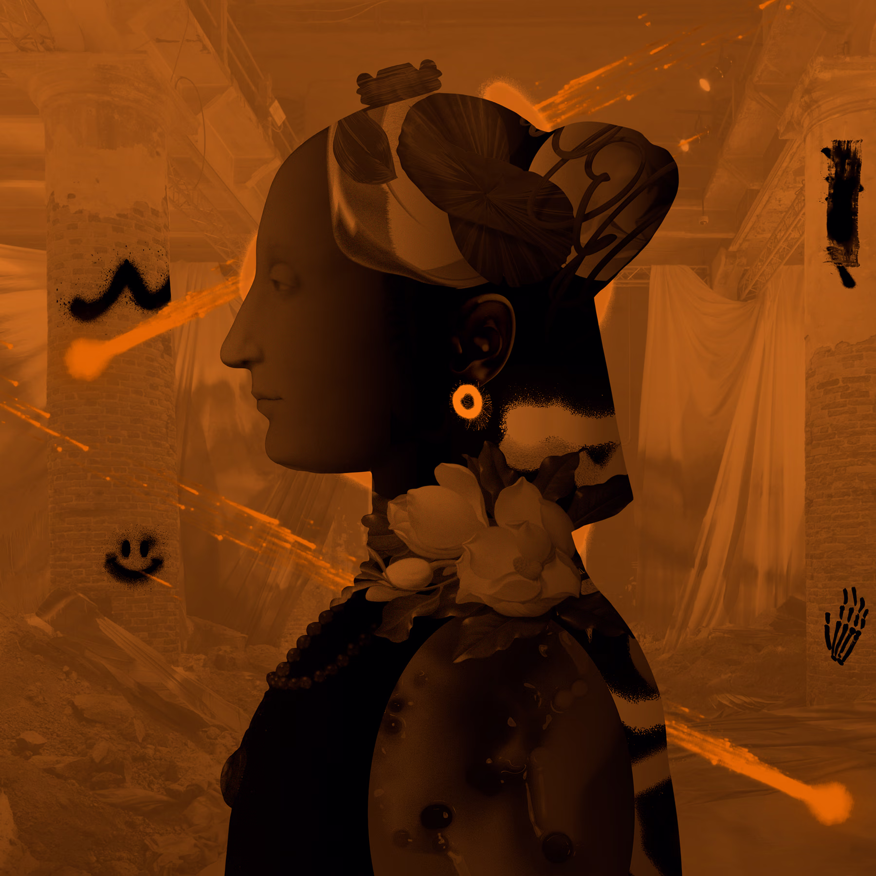 Сюрреалистичное цифровое искусство: стилизованный женский профиль, украшенный цветами и узорами, в загадочной оранжевой среде с абстрактными элементами.