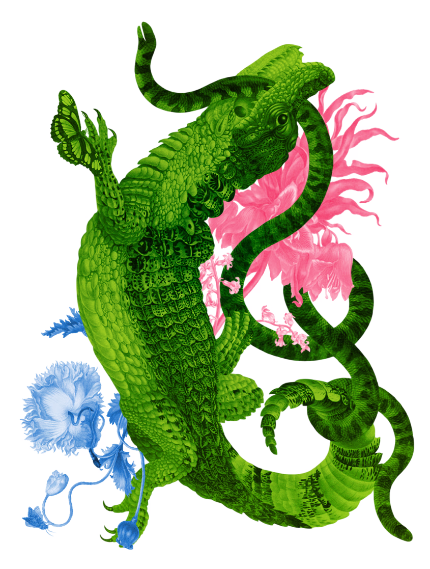 Превью интерактивной иллюстрации «Сотри защитный слой»: ярко-зелёная ящерица с реалистичной текстурой и закрученным хвостом на фоне розовой листвы и синих цветов.