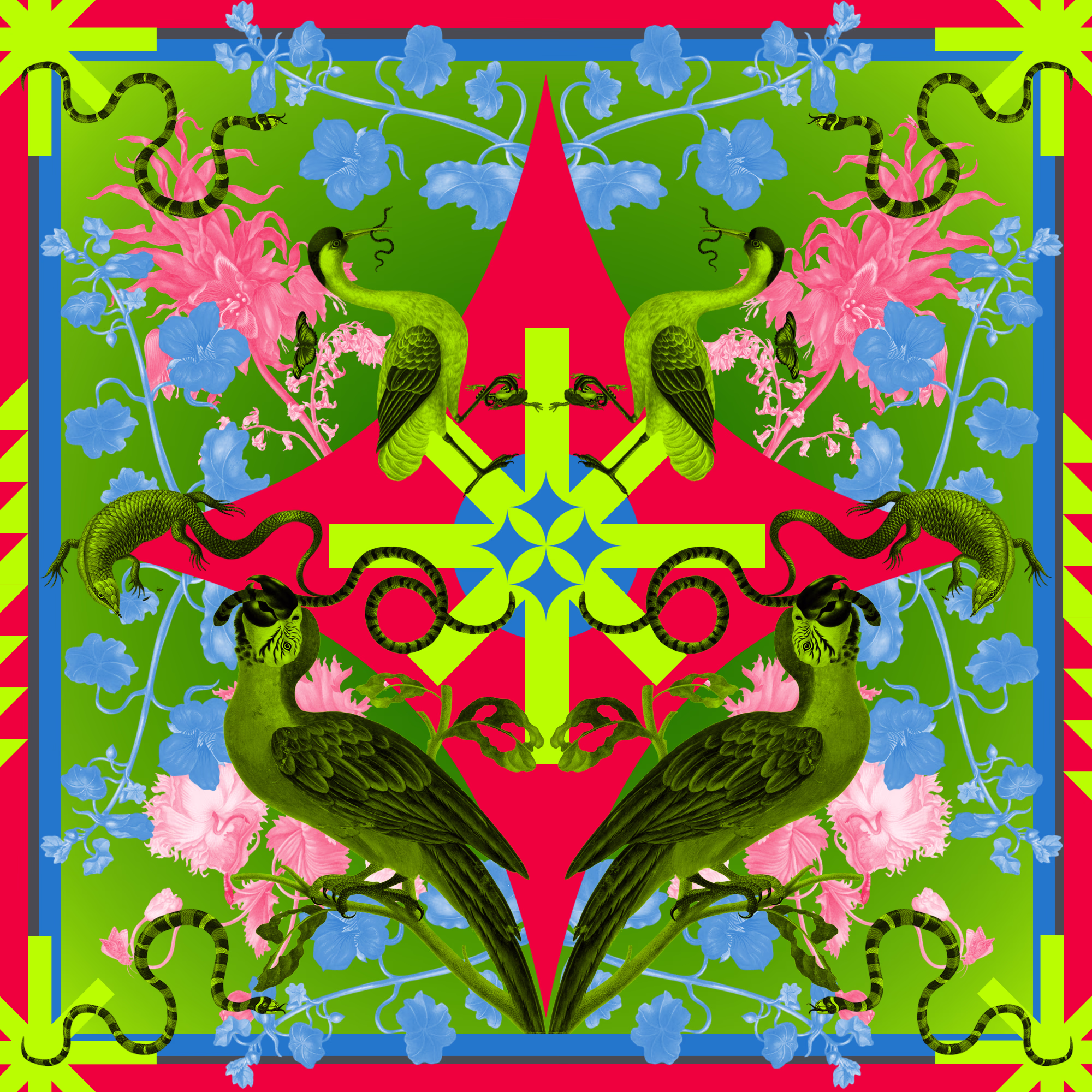 Яркий симметричный узор с зелеными птицами, извивающимися змеями, розовыми цветами и синими акцентами на красно-зеленом фоне. Вызывает ощущение живой, экзотической атмосферы.