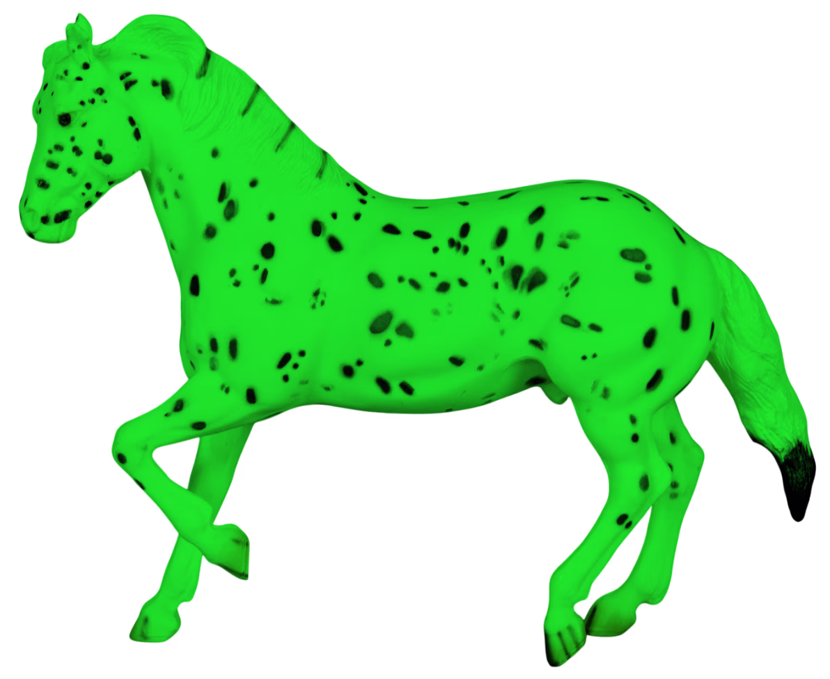 Сюрреалистическая, неоново-зеленая лошадь с черными пятнами стоит на темном фоне. Яркие цвета создают футуристическую, сказочную атмосферу.