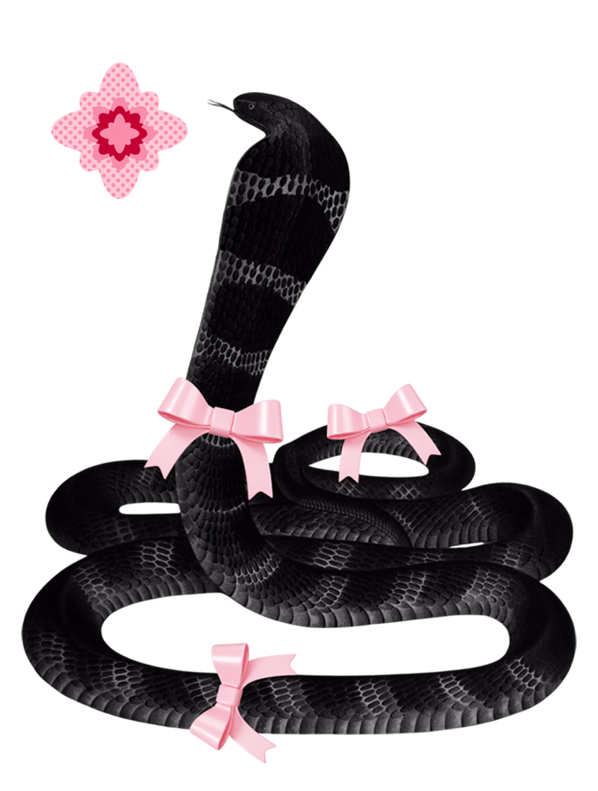 Превью интерактивного эксперимента «Эффект резинового желе»: чёрная кобра с раскрытым капюшоном украшена розовыми бантами и цветочным декором на голове.