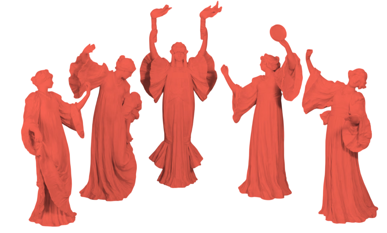 На черном фоне изображены силуэты пяти статуй женщин в струящихся платьях. Они застыли в разных позах с поднятыми руками, что создает ощущение грации.