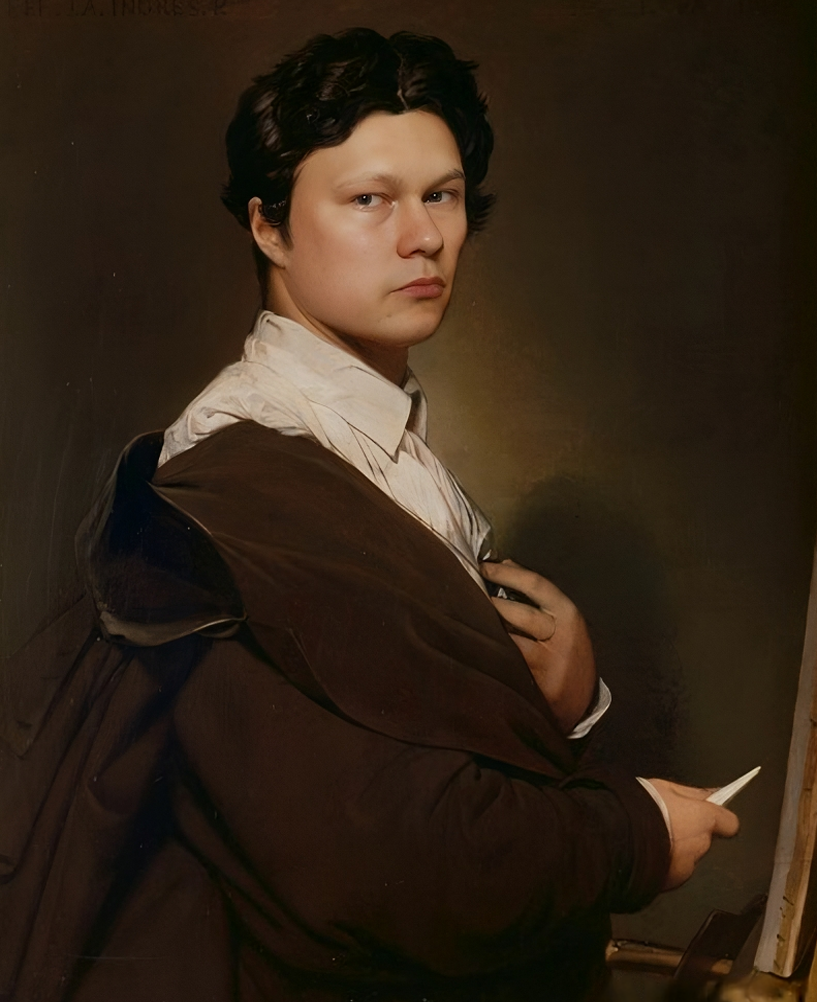 Портрет Олега Рогова: тёмные волосы, коричневый плащ поверх белой рубашки, пристальный взгляд, в руке мел – созерцательное настроение.