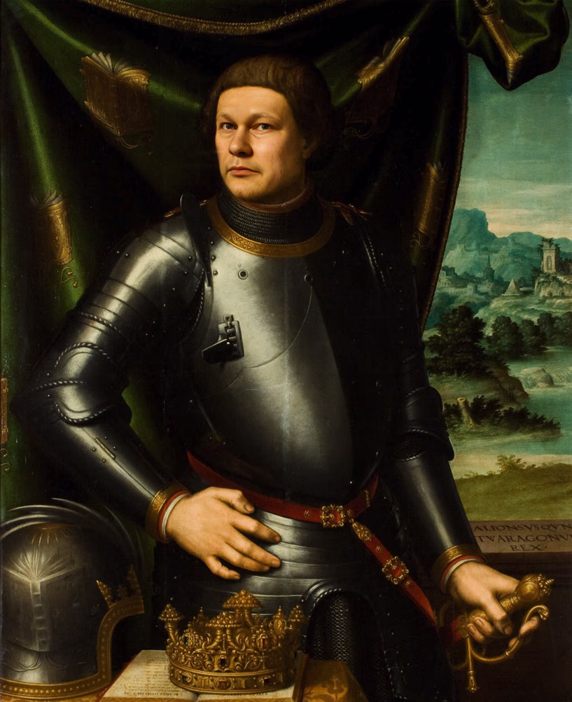 Олег Рогов в образе рыцаря: сияющие доспехи, корона и меч на фоне пышного пейзажа — символы власти и благородства.