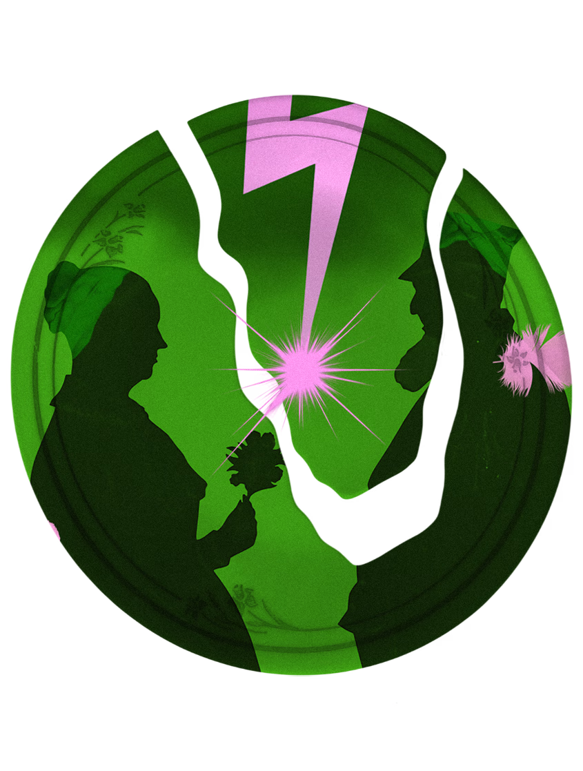 Превью интерактивного эксперимента «Иллюзия туннеля»: силуэты двух фигур друг напротив друга с розовой молнией и вспышкой между ними, передающие напряжение.