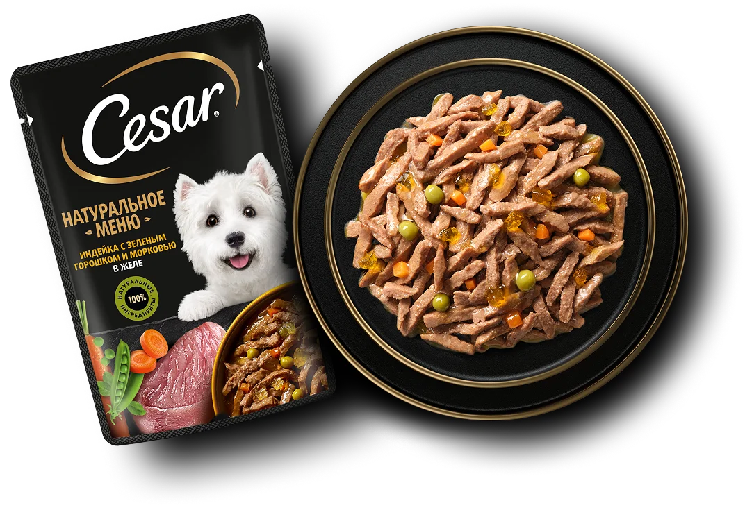 Упаковка: CESAR — CESAR® Натуральное меню Индейка с зелёным горошком и морковью в желе
