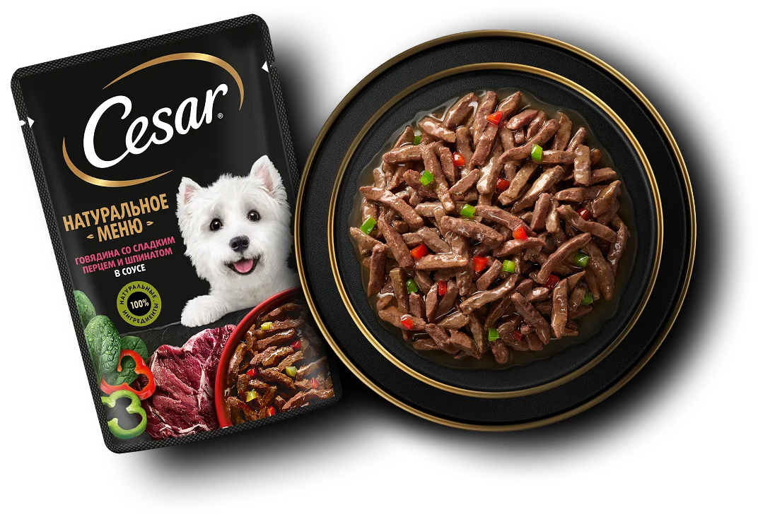 Упаковка: CESAR — CESAR® Натуральное меню Говядина со сладким перцем и шпинатом в соусе